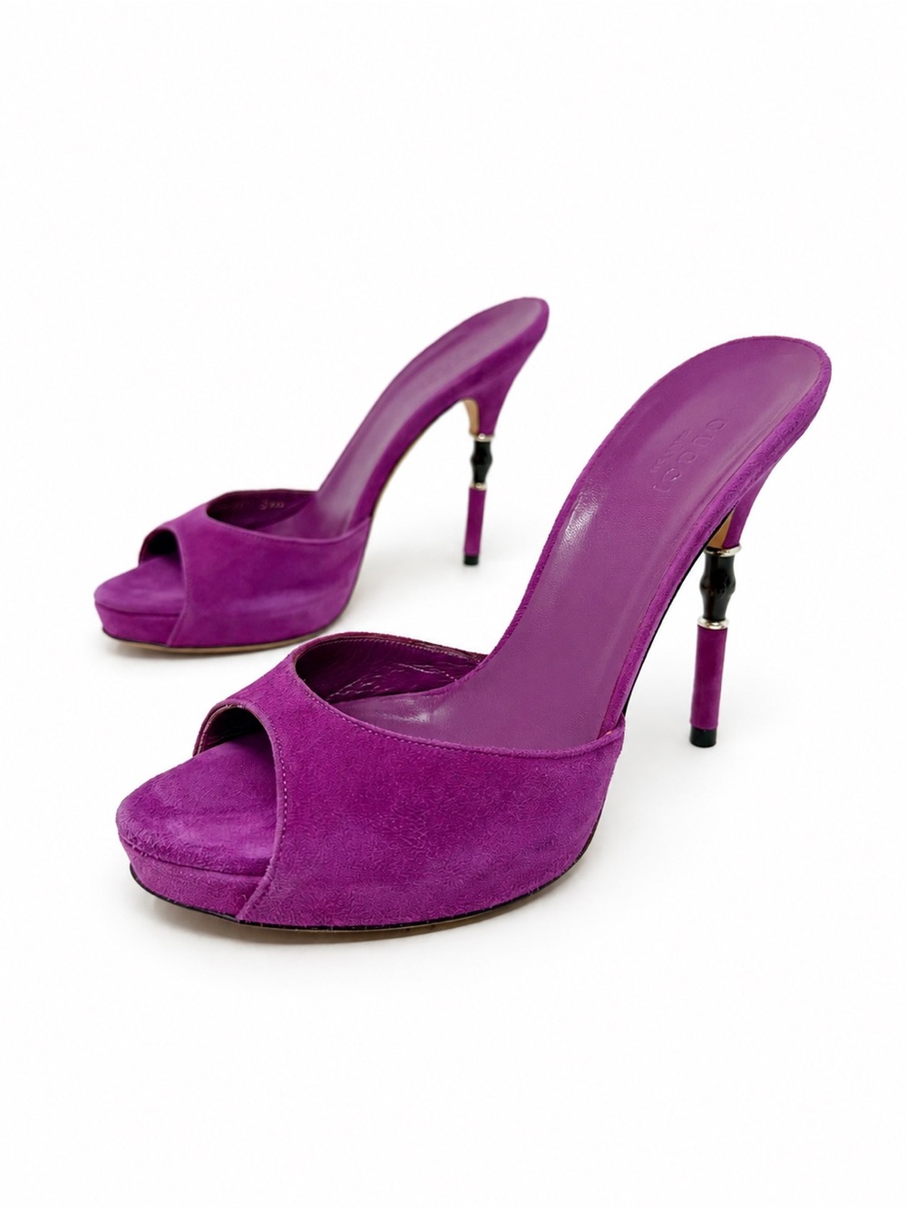 Gucci Bamboo Heel Mule Sandals Purple Suede Womens Size EU 36.5